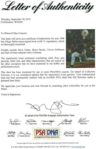 1998 Падрес 31x Подписа Бейзболен книга PSA World Series / DNA COA Тревър Хофман, КОПИТО - Бейзболни топки с автографи
