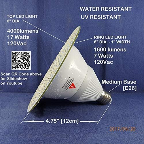 Led лампа за басейна на 4000 Лумена с допълнителен led пръстен [6000 К], 6 D x 4,75 L, Средна база [E26], 120