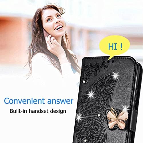 LEMAXELERS Чанта-портфейл за Nokia G400 5G, калъф с Релефно под формата на пеперуда, с поставка за карти Магнитни Разтегателен Кожен калъф за Nokia G400 5G Diamond Black Butterfly SD
