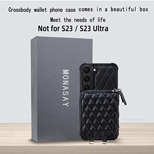 Чанта-портфейл MONASAY с цип за Galaxy S23 + Plus, [RFID Заключване] флип-надолу Кожена Чанта-калъф за мобилен телефон с държач за карти и каишка през рамо за Samsung Galaxy S23 Plus, черен