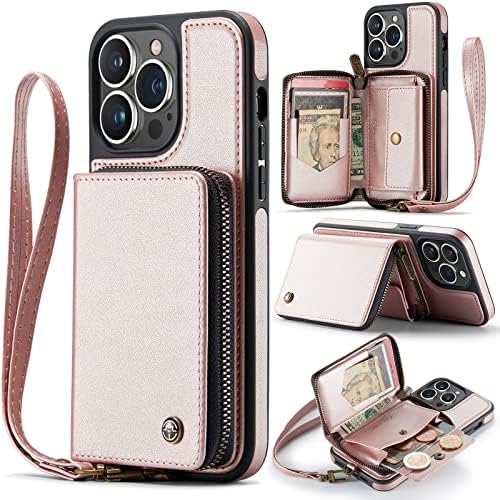 Чанта-портфейл DTRAIN, съвместим с iPhone 12/12 Pro, Флип калъф от изкуствена кожа с каишка-напульсником, притежател на кредитна карта RFID и джоб с цип за жени и мъже (розово зла
