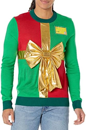 Мъжки Грозен Коледен пуловер с Орнаменти и Венец - Зелено-Червено Забавен Коледен пуловер с Вкус сърма