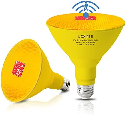 LOXYEE PAR38 Крушка с датчик за движение, Външно осветление, E26, от здрач до зори, Янтарна лампа с подсветка, 20 W (еквивалент на 200 Вата), Led лампа с активирането на движение, в
