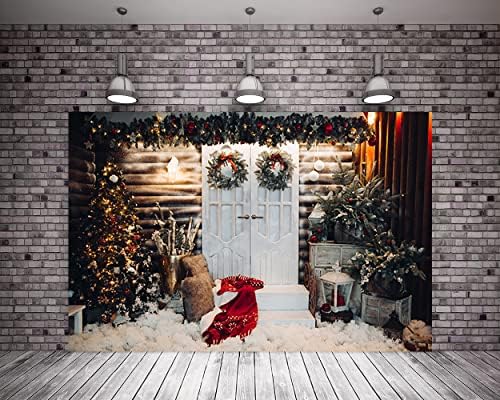 20X10ft Сцена на Открито, Празнична Коледно Парти Фотофон Бяла Дървена Врата Борова Венец Фон за Коледно Парти