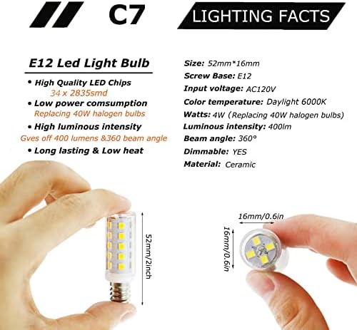 Greeogin Led лампи E12 с регулируема яркост от 6000 До Дневна светлина в Бял цвят 4 W, Заместват Еквивалент, халогенни E12 C7 с мощност 40 Вата, на основата на T6 120 В E12 C7 Led лампи-Све?