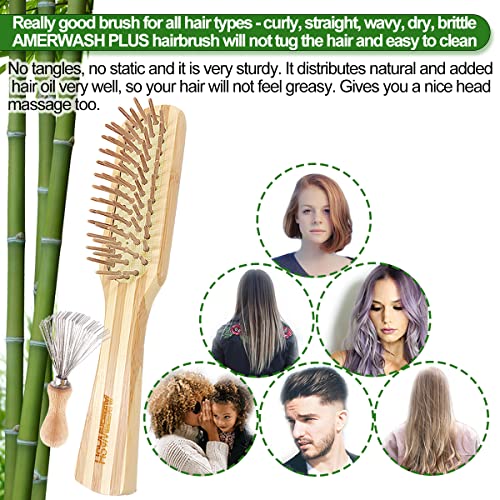 Бамбук четка за коса AMERWASH PLUS с почистване за женски гъсти, тънки увивни и права коса, бамбук четина подпомага