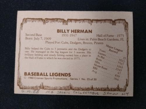 1980 Cramer Sports БИЛИ ХЕРМАН Автограф Легенди на бейзбола * NV04A - Бейзболни топки с автографи