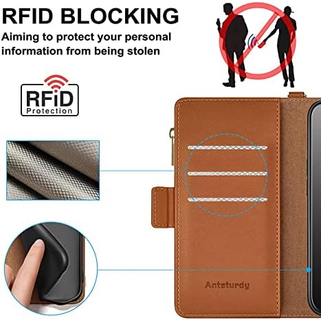 Antsturdy за Samsung Galaxy A03S САЩ Чанта-портфейл 【Заключване RFID】【Джоб с цип】【7 Слотове за карти 】 Защитен
