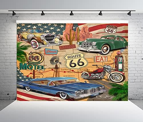 BELECO 7x5ft текстилен ретро фон за снимки на тема маршрут 66, комикси ретро пътна карта, мотели, мотоциклет,
