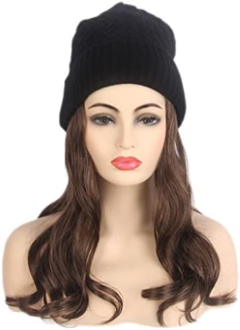 Перука YXBDN женски дълга коса с качулка, черно вязаная шапка, перука, дълга кудрявая кафява шапка-перука, една