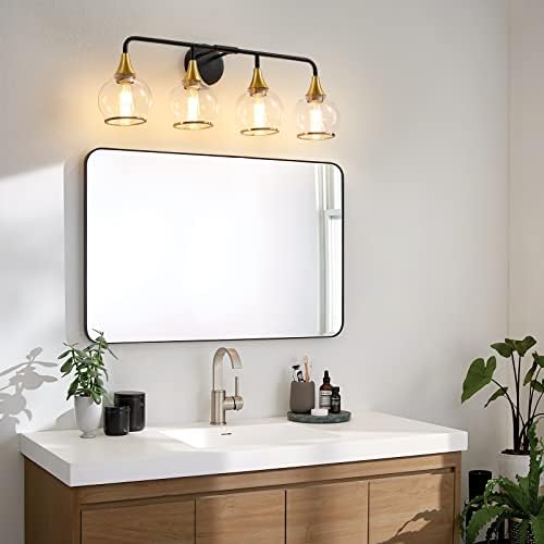 HAHZT Черно-златна лампа за тоалетка вечеря в банята 4-Ламповые осветителни тела за тоалетна масичка в банята пред огледалото с прозрачни стъклени абажуром 30,7-инчов с