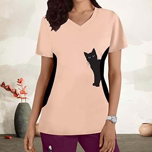 Голяма Тениска за Жени, Дамски Топ Размера на Плюс с V-образно деколте и Къси Ръкави, Тениска с Принтом Котки,