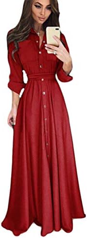 Жена Однотонное Приталенное рокля Andongnywell с дълъг ръкав и копчета на талията, дантела, Дамски Рокли са