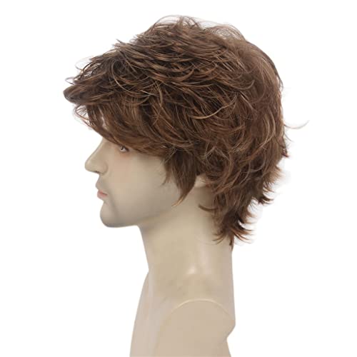 YFQHDD Красив естествен къдрава кафява мъжка перука, модни къса права коса, перука с коса, бретон, мъжки косата