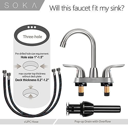 Смесител за мивка SOKA Centerset За баня с Две дръжки, Висока Дъга, 4 , За Тоалетни с настилка и изскачащ източване,